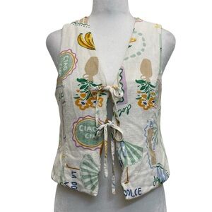 Paper Heart White Italian Fruit & Beach Print Tie Front Crop Vest